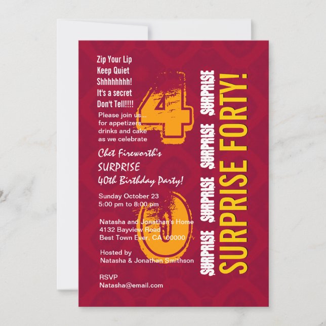 SURPRISE 40th Modern Birthday Red and Gold G302 Invitation (Front)