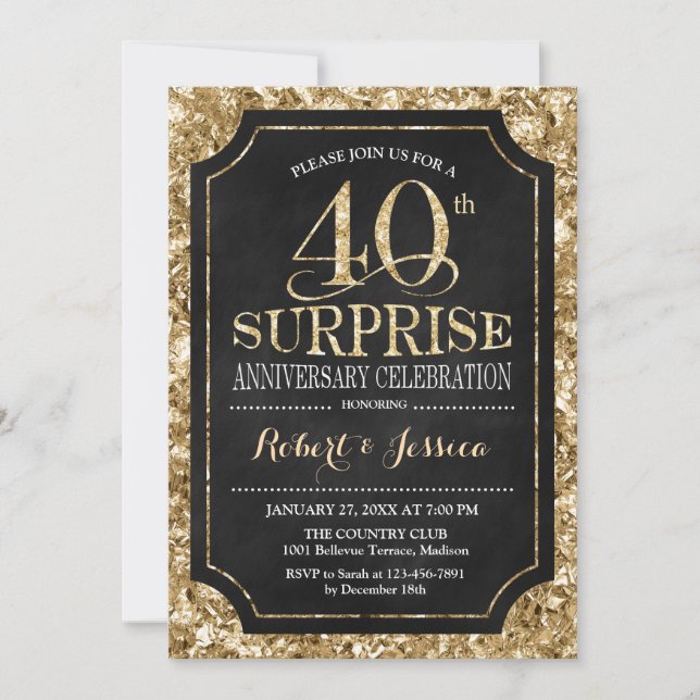 Surprise 40th Wedding Anniversary - Black Gold Invitation (Front)