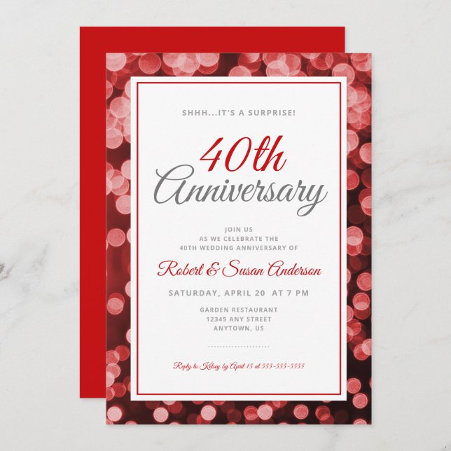 Surprise 40th Wedding Anniversary | Red Bokeh Invitation (Front/Back)