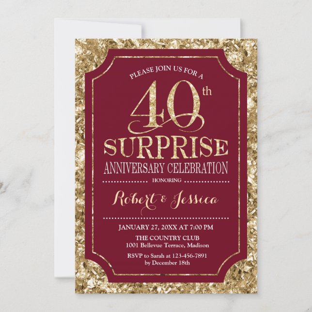 Surprise 40th Wedding Anniversary - Red Gold Invitation (Front)