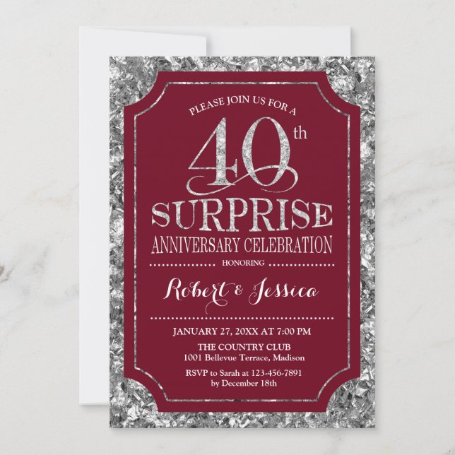 Surprise 40th Wedding Anniversary - Red Silver Invitation (Front)