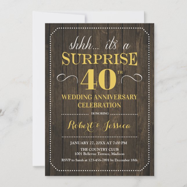 Surprise 40th Wedding Anniversary - Wood Gold Invitation (Front)