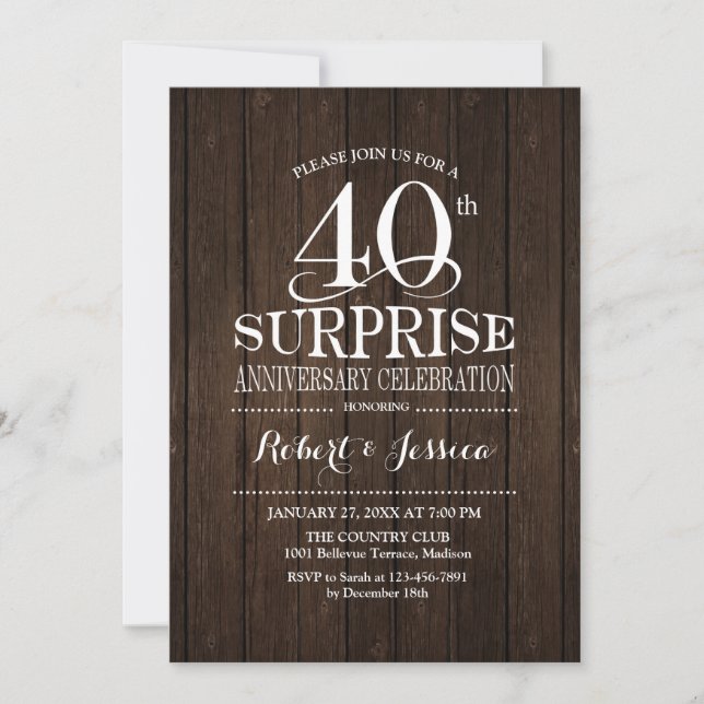 Surprise 40th Wedding Anniversary Wood Invitation (Front)