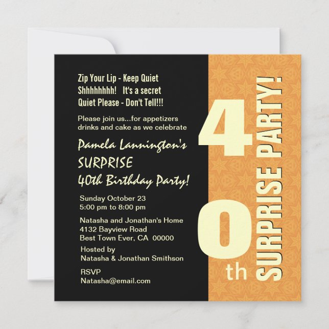 SURPRISE 40th Year Birthday Gold and Black W577 Invitation (Front)
