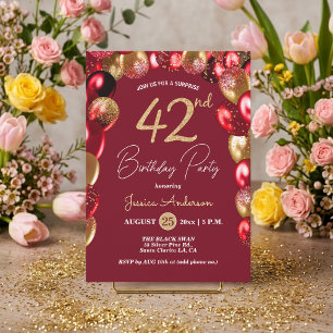 Surprise 42nd Birthday Party Gold Burgundy Glitter Invitation