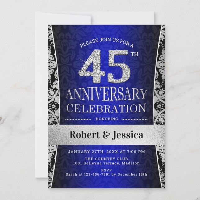 Surprise 45th Anniversary Party - Blue Silver Invitation (Front)