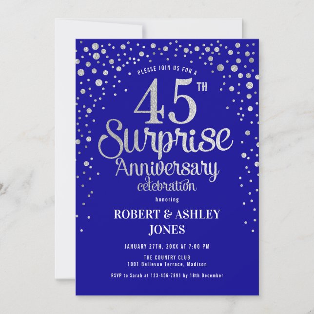 Surprise 45th Anniversary - Sapphire Blue & Silver Invitation (Front)