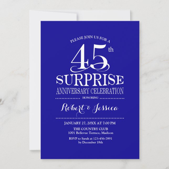 Surprise 45th Wedding Anniversary - Blue White Invitation (Front)