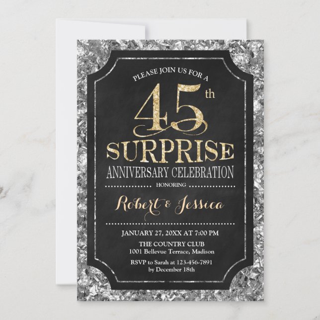 Surprise 45th Wedding Anniversary - Silver Gold Invitation (Front)
