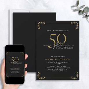 Surprise 50 & Fabulous Black & Gold Birthday Invit Invitation