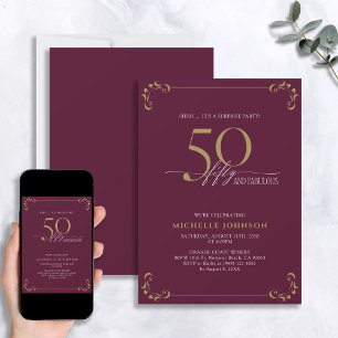 Surprise 50 & Fabulous Burgundy & Gold Birthday Invitation
