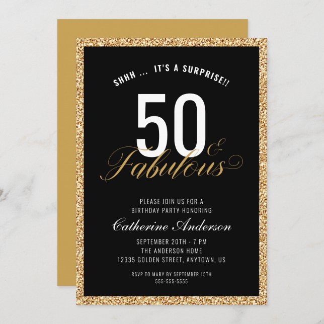 Surprise 50 & Fabulous Gold Glitter Birthday Party Invitation (Front/Back)