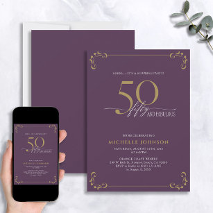 Surprise 50 & Fabulous Purple & Gold Birthday Invitation