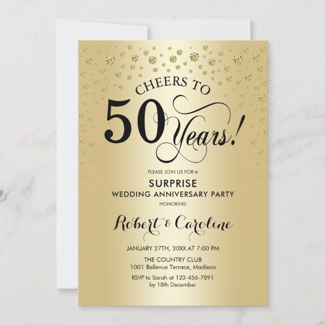 Surprise 50th Anniversary Celebration - Gold Black Invitation (Front)