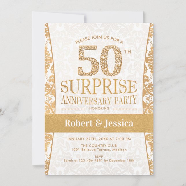 Surprise 50th Anniversary Party - Gold White Invitation (Front)