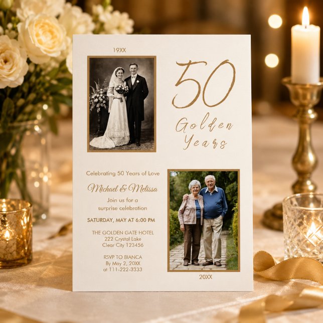 Surprise 50th Anniversary Photo Invite (Elegant ivory gold 50th anniversary invitation for a heartfelt surprise celebration)