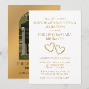 Surprise 50th Anniversary Simple Gold Heart Photo Invitation