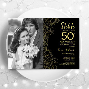 Surprise 50th Anniversary With Photo Black Gold Invitation