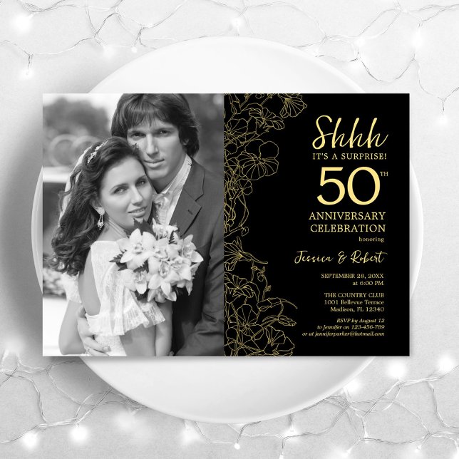Surprise 50th Anniversary With Photo Black Gold Invitation (Creator Uploaded)