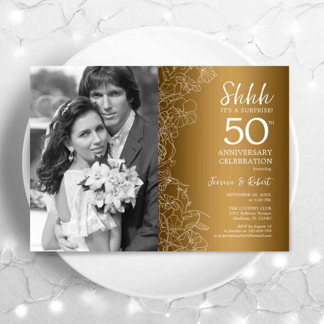 Surprise 50th Anniversary With Photo - Gold White Invitation (Creator Uploaded)