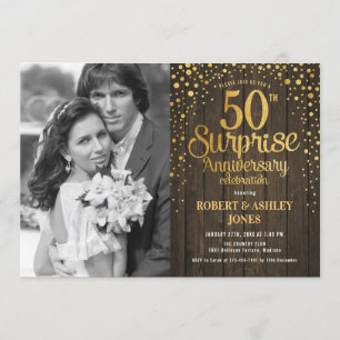 Surprise 50th Anniversary with Photo - Wood Gold Invitation