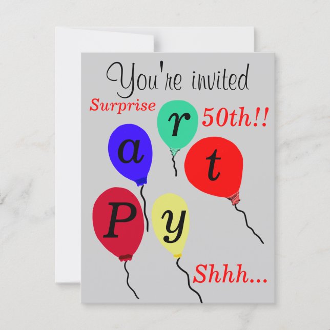 Surprise 50th Birthday Balloons Party Invitations (Front)