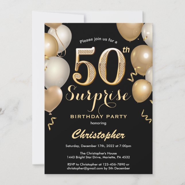 Surprise 50th Birthday Black and Gold Balloons Invitation (Front)