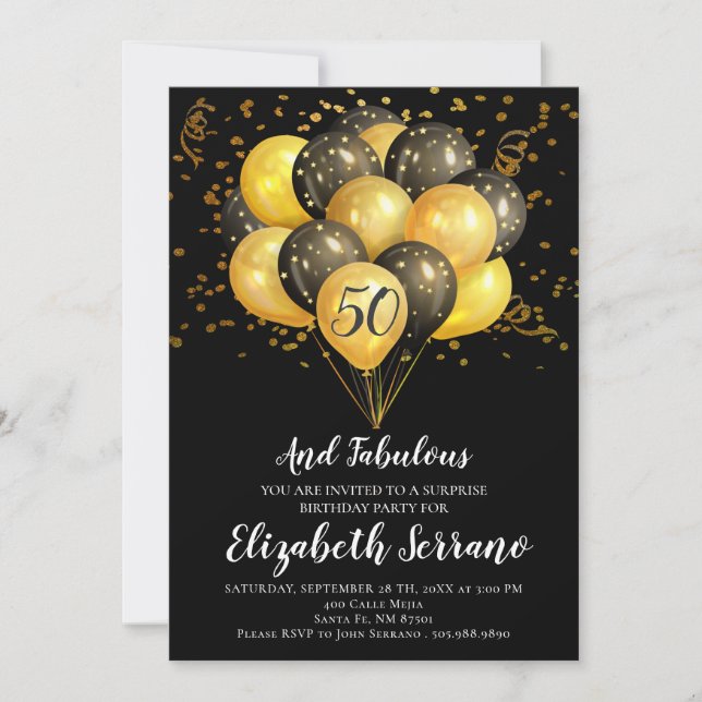 Surprise 50th Birthday Black And Gold Invitation (Front)