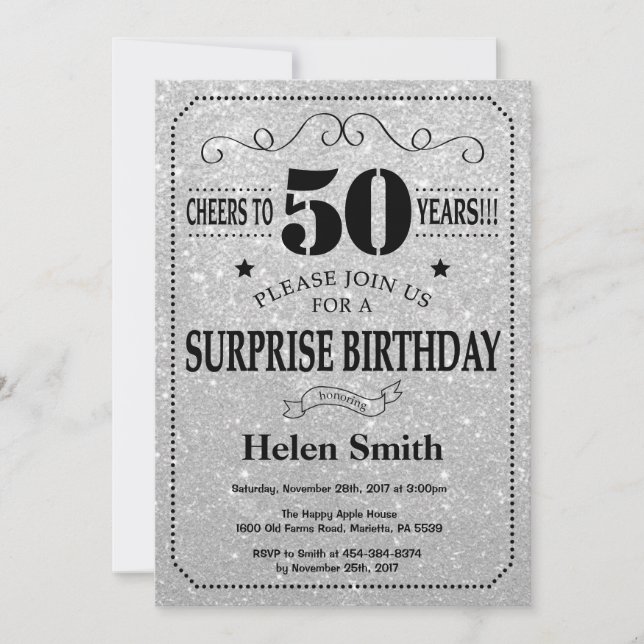 Surprise 50th Birthday Black and Silver Glitter Invitation (Front)