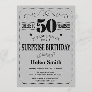 Surprise 50th Birthday Black and Silver Grey Invitation