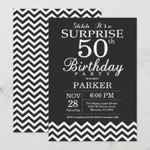 Surprise 50th Birthday Black and White Chevron Invitation