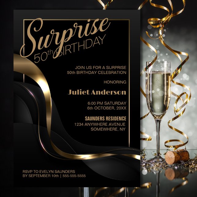 Surprise 50th Birthday Black Gold Party Invitation (Creator Uploaded)