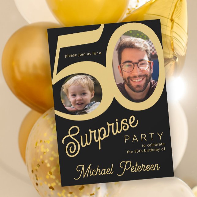 Surprise 50th birthday black gold photo  invitation (Creator Uploaded)