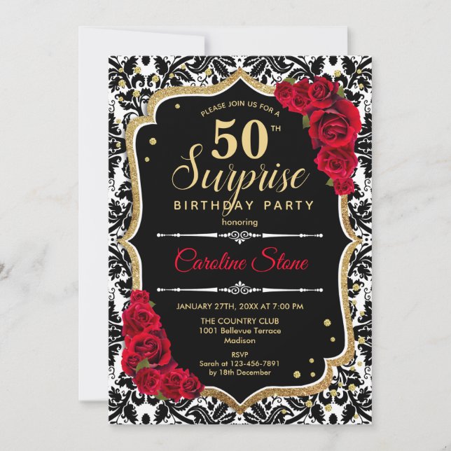 Surprise 50th Birthday - Black Gold Red Invitation (Front)