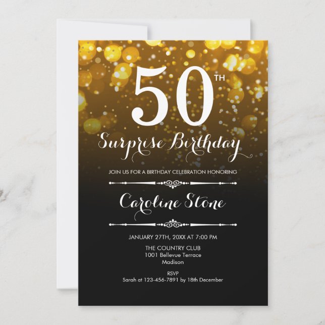 Surprise 50th Birthday - Black Gold White Invitation (Front)