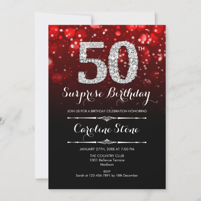 Surprise 50th Birthday - Black Red Silver Invitation (Front)