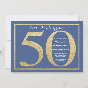 Surprise 50th Birthday Blue and Gold Glitter Invitation