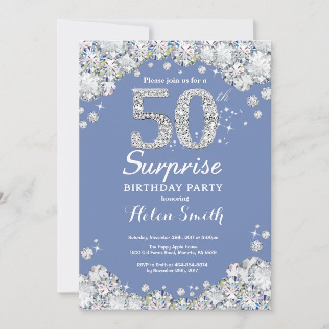 Surprise 50th Birthday Blue Silver Diamond Invitation (Front)