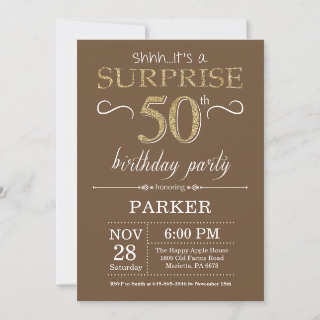 Surprise 50th Birthday Brown and Gold Glitter Invitation (Front)