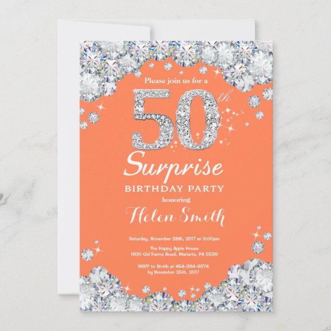Surprise 50th Birthday Coral Silver Diamond Invitation (Front)