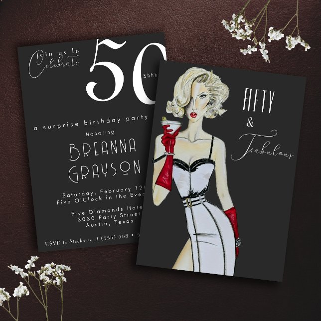 Surprise 50th Birthday Fifty and Fabulous Pin Up Invitation (Creator Uploaded)
