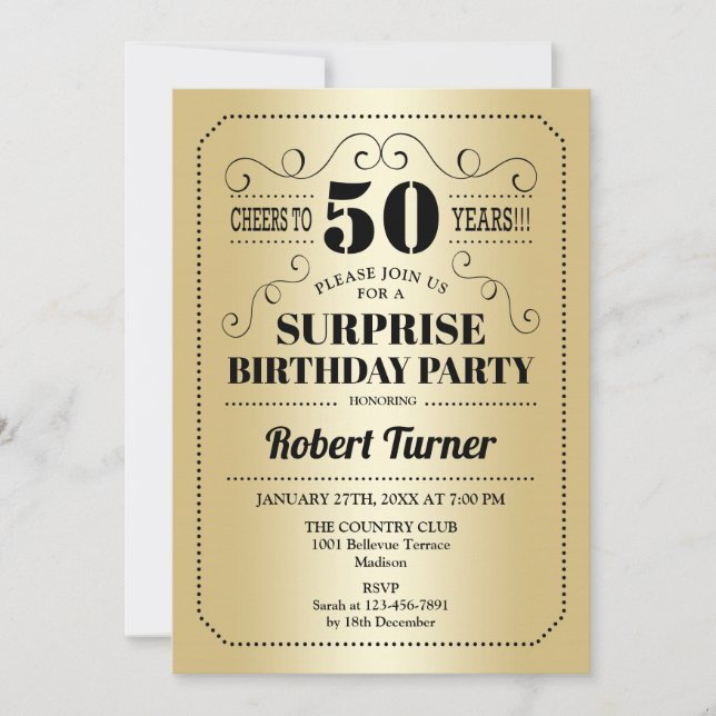 Surprise 50th Birthday - Gold Black Invitation (Front)
