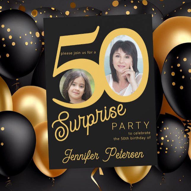 Surprise 50th birthday gold black photo invitation (Creator Uploaded)