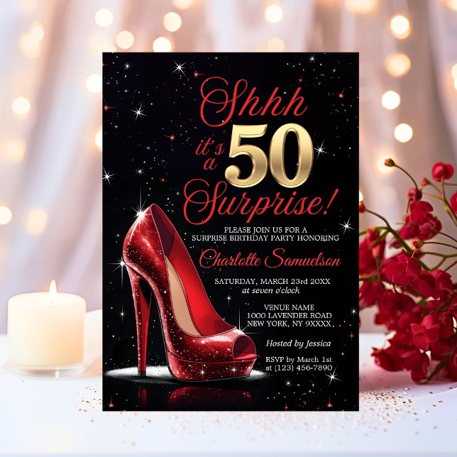 Surprise 50th BIRTHDAY Gold Red High Heels Fifty Invitation (Surprise 50th BIRTHDAY Gold Red High Heels Fifty Invitation)