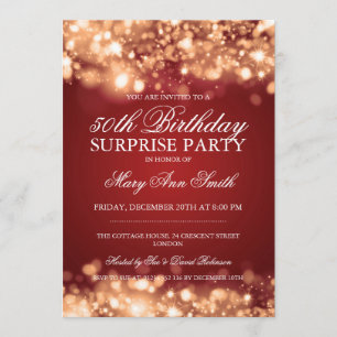 Surprise 50th Birthday Gold & Red Sparkling Lights Invitation
