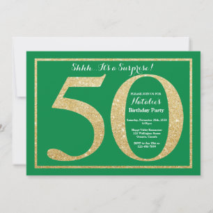 Surprise 50th Birthday Green and Gold Glitter Invitation