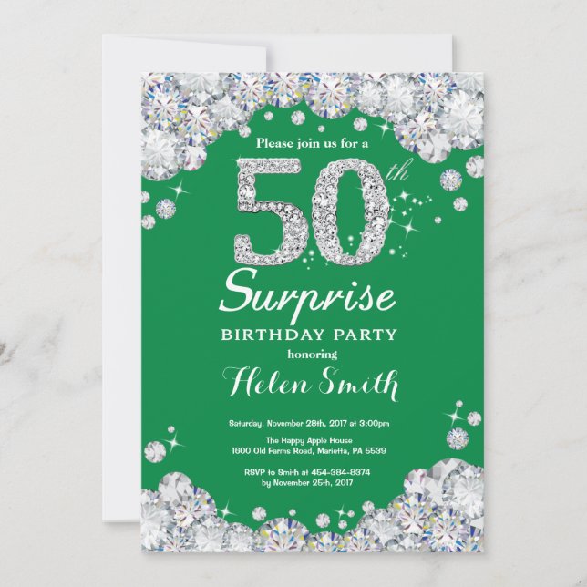 Surprise 50th Birthday Green and Silver Diamond Invitation (Front)