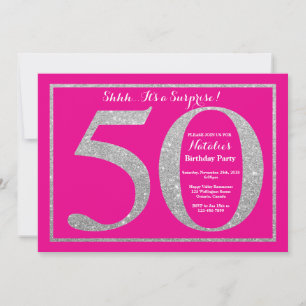 Surprise 50th Birthday Hot Pink and Silver Glitter Invitation