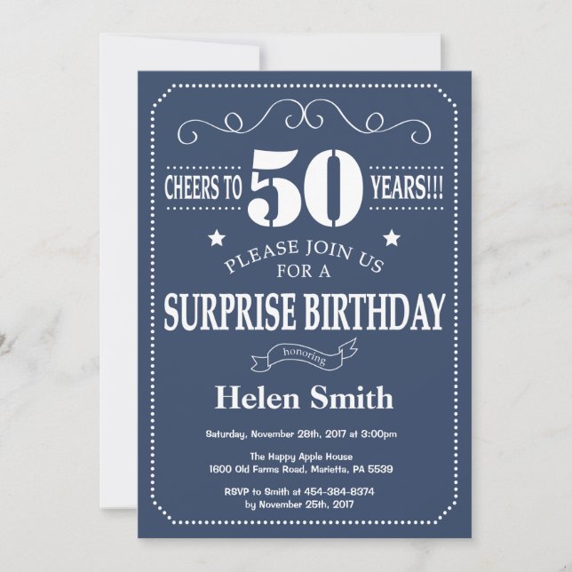 Surprise 50th Birthday Invitation Blue and White (Front)