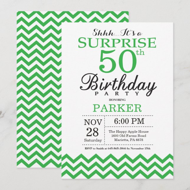 Surprise 50th Birthday Invitation Green Chevron (Front/Back)